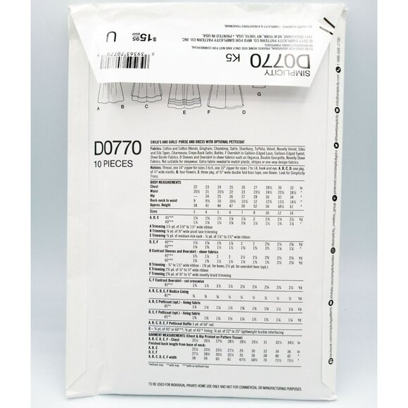 Simplicity Pattern D0770 K5 Size US 7-14 Child Girl Purse Dress Petticoat Uncut - Picture 2 of 2